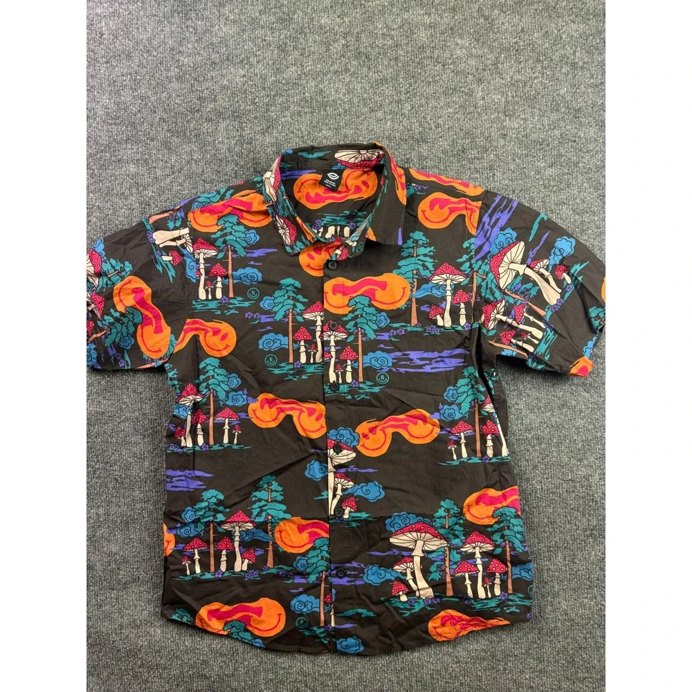 Neff Button Down Shirt Mens Small Black Psychedelic Mushroom Smiley Face‎ Print